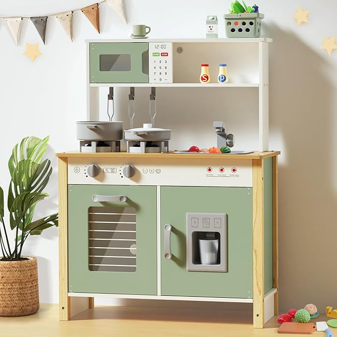 Babytronic Kids Play Kitchen, Wooden Kitchen Playset for Kids Ages 3+ with Real Lights, Sounds, Stove, Sink, Oven, and 30 Pcs Accessories, Toys Kitchen Small Pretend Play Kitchen for Toddlers (Green)