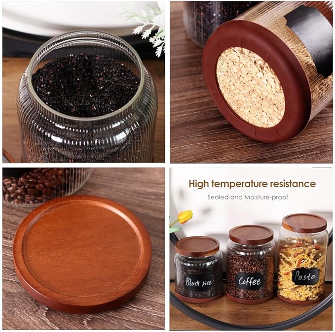 SAIOOL 2-Pack Striped Borosilicate Glass Airtight Canisters - Big mouth Large Capacity, Acacia Wood Lid, Food Storage Jars for Flour, Pasta, Pantry Organization (1 Gallon (2 Striped pack))