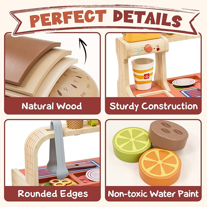 Lehoo Castle Wooden Play Food Sets, Play Hamburger Counter Shop, Toy Food for Toddlers, Play Food Sets for Kids Kitchen, Fake Food Pretend Play for Toddlers 3-5