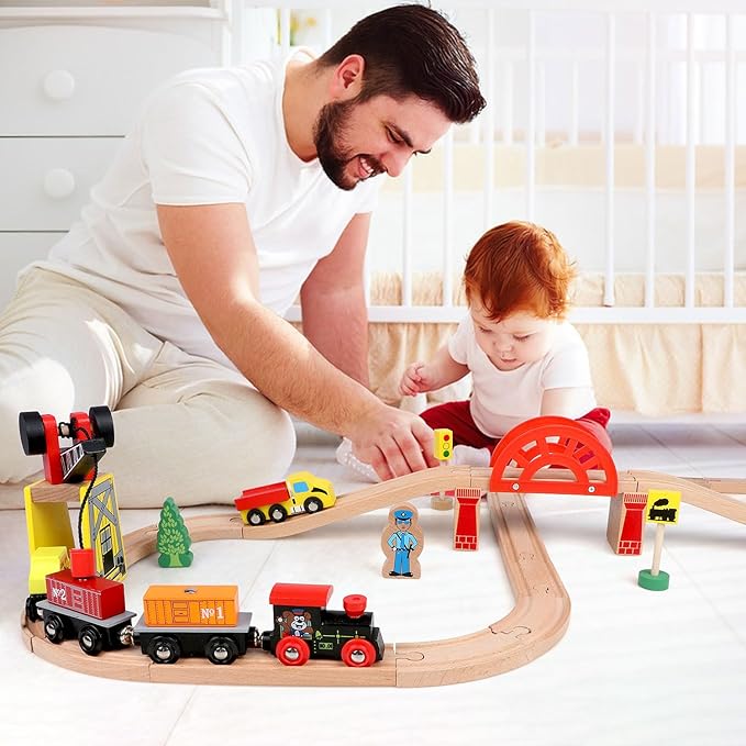 Qilay Wooden Train Set for Toddler - 39 Pcs Wooden Train Tracks with Crane, Bridge & 5 Wooden Trains - Train Toys for 3,4,5 Year Old Boys & Girls - Fit All Major Bands Train Tracks Set