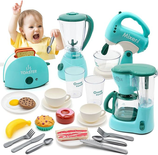 Pretend Play Kitchen Appliances Toy Set, Kids Kitchen Accessories Set - Coffee Maker, Toaster, Mixer, Blender with Light and Sound, Food Playset, Dishes for Girls Boys Kids Ages 3 4 5 6 7 8