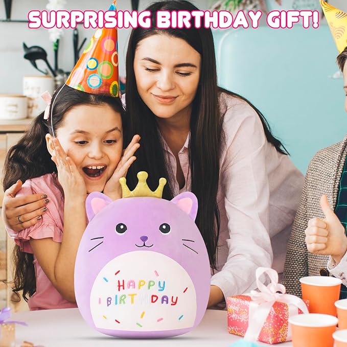 SQEQE Cat Stuffed Animal Kawaii Cat Plushie with Golden Crown Soft Kitty Stuffed Toy Birthday Party Decoration Gift for Kids Girls Boys(Purple Caticorn,10 Inch)