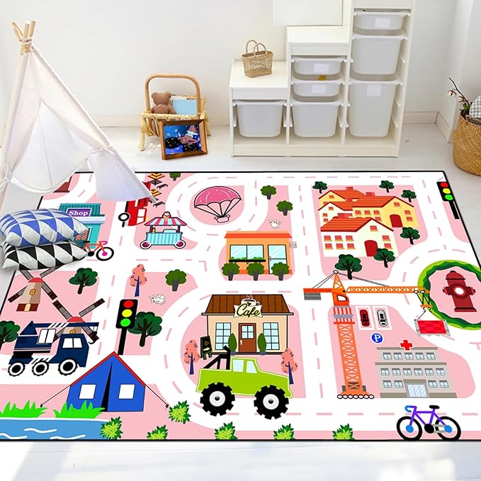 Car Rugs for Kids Toy - Car Track Carpet for Boys Road Rug for Bedroom Road Map Carpet for Kids Toy Play Mat Farm, 4. 5x6 Feet