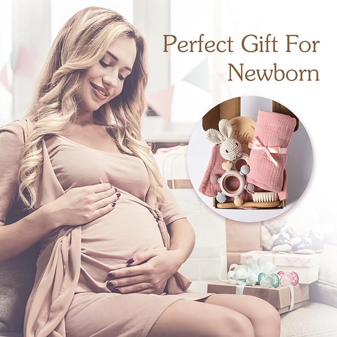 Baby Gift Set for Newborn, New Baby Bath Gift Set 6 Pcs, Baby Essentials Shower Set with Bath Towel, Teether, Rattle Toy, Drool Towel, Brush, Wooden Milestone for Girls Boy