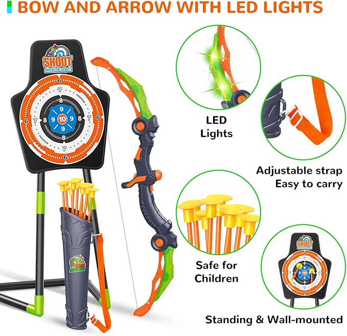 Bow and Arrow for 5 6 7 8 9 10 11+ Year Old Boys, Birthday Gift for Kids, Indoor Outdoor Activity Toys, 2 Pack LED Light Up Archery Toy with 20 Suction Cup Arrows, Standing Target, 2 Quiver