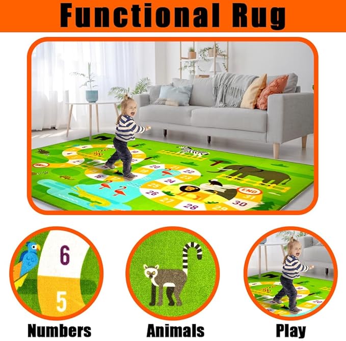 Classroom Rugs for Playroom, Preschool, Daycare Rug for Classroom, Large Learning Numbers Road Play Map Animal Safari Road Playtime Educational Area Rugs for Kids, Nursery(13'x7'7'', Green)
