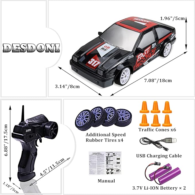 RC Drift Car Remote Control Car 2.4GHz 1:24 Scale 4WD 15KM/H High Speed Model Vehicle LED Lights Drifting Tire Racing Sport Toy for Adult Boys Girls Kids Gift 2Pcs Rechargeable Batterie
