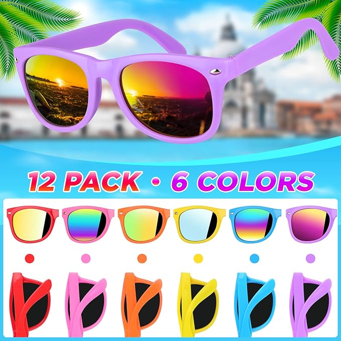 GINMIC Kids sunglasses bulk, Kids Sunglasses Party Favor, 12Pack Neon Sunglasses with UV400 Protection for Kids, Boys and Girls Age 3-8, Goody Bag Favors, Great Gift for Pool, Birthday Party Supplies
