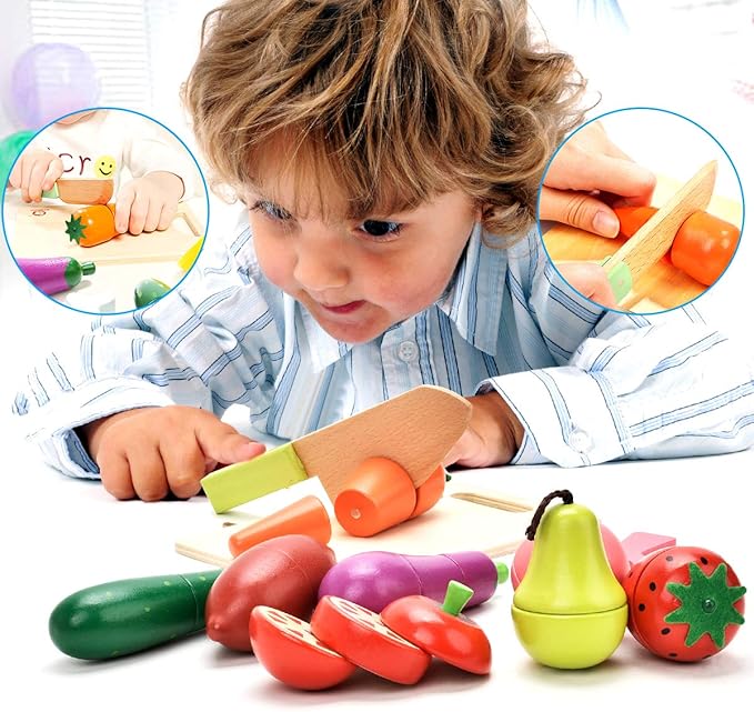 Wooden Play Food for Kids Kitchen - Toys Food Vegetables and Fruit for 2 Year Old Boys Girls Role Pretend Play Early Education Montessori Education