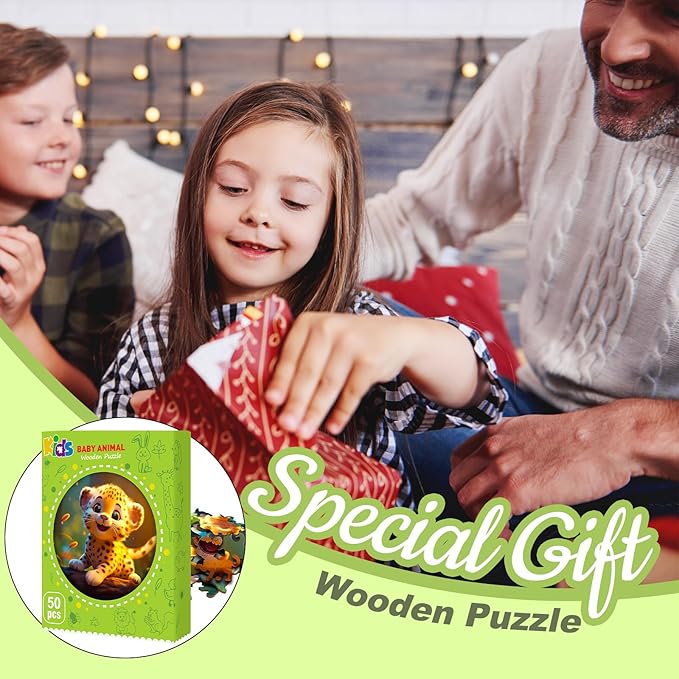 Easter Gifts for Kids Girls Boys, Easter Basket Stuffers, Wooden Jigsaw Puzzles for Kids Ages 4-6, 50 Piece Unique Shape Animal Theme Puzzle - Preschool Learning Educational Toys for Kid 3+ (Leopard)