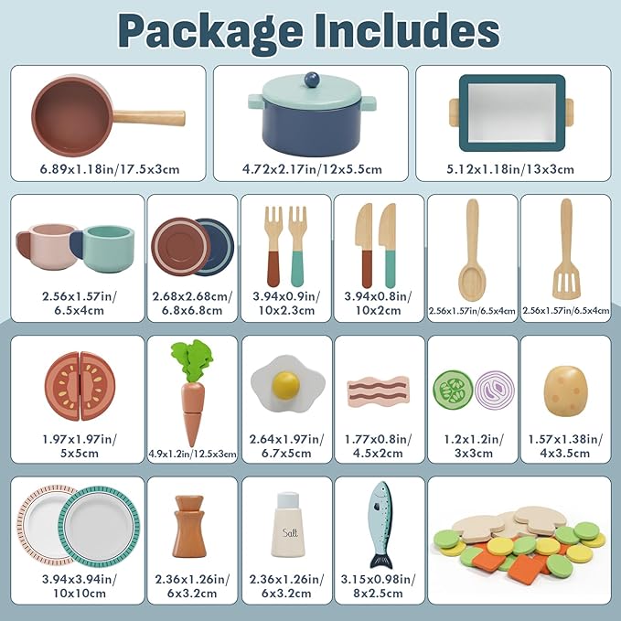 Lehoo Castle Wooden Play Kitchen Accessories, Play Pots and Pans Sets for Kids, Play Food Sets for Kids Kitchen, Montessori Food Toys for Toddlers 3-5, Gifts for Girls Boys
