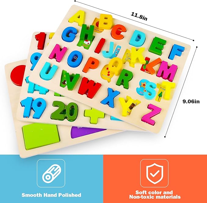 Wooden Puzzles for Toddlers, Voamuw Alphabet Number Shape Learning Puzzle for Kids Ages 3 4 5, Montessori Toys Preschool Education Chunky Jigsaw for Boys and Girls