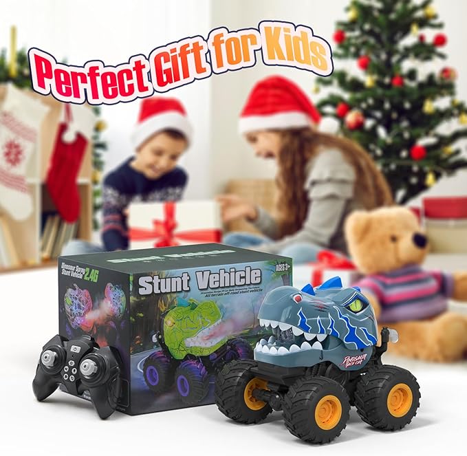 Dinosaur Remote Control Car for Boys 4-7, 360° Rotating Stunt Vehicle, 2.4GHz All Terrain RC Monster Truck Toys with Spray, Light & Sound for Kids 8-12, Birthday Gift for Boys (Grey)