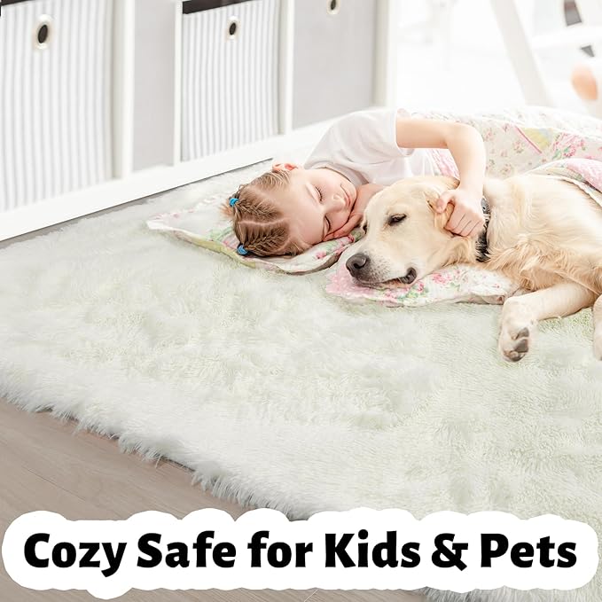 Amdrebio Ivory White Rugs for Bedroom Living Room, Soft Indoor Modern Area Rug 4x6 for Kids Room, Cute Fluffy Thick Fuzzy Carpet for Nursery Dorm, Home Decor, Furry Cream Rugs for Baby Teen Girls Boys