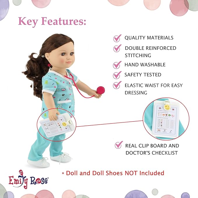 Emily Rose 18 Inch Doll Clothes 6 PC Doctor Veterinarian Vet Nurse Scrubs & Accessories Outfit Set, Including Stethoscope | Mom's Choice Award Winner | Compatible with 18" American Girl Dolls