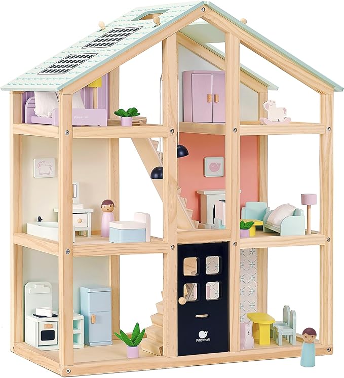Wooden Dollhouse, Doll House with 38Pcs Furniture Accessories,3 Story Large Doll House, 6 Rooms Pretend Dollhouse, Gift for Girl Ages 3+