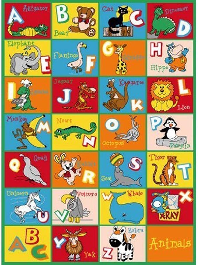 Kids Rug ABC Animals Area Rug 3' x 5' (3'3" X 4'9") (39" x 56") (99cm x 142cm) Non Slip Gel Backing