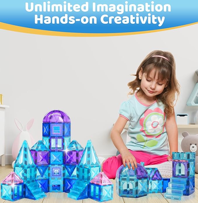 130Pcs Magnetic Tiles, 3D Diamond Magnetic Building Blocks Toys for Girls, STEM Sensory Educational Toys for Toddlers Kids, Birthday for Girls 3 4 5 6 7 8+ Year Old