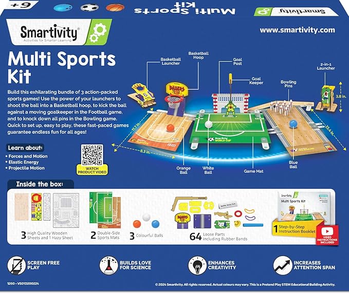 Smartivity 3in1 Basketball, Soccer, Bowling I Indoor Sports Game for Kids 6-12 Years Old I for Boys & Girls | DIY STEM Toy for Kids 6,7,8,9,10,11,12, Years I Wooden Construction Kit