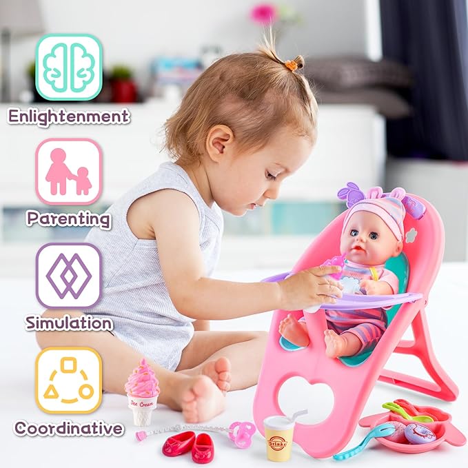 deAO 12” Baby Doll Play Set with Crib, Mobile, High Chair Feeding Accessories, Interactive Dolls for Girls Kids Pretend Play Baby Dolls 21 PCS