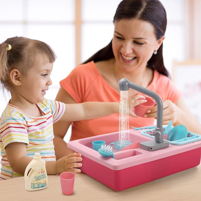 CUTE STONE Color Changing Play Kitchen Sink Toys, Children Electric Dishwasher Playing Toy with Running Water,Upgraded Real Faucet and Play Dishes,Pretend Role Play Toys for Kids Boys Girls