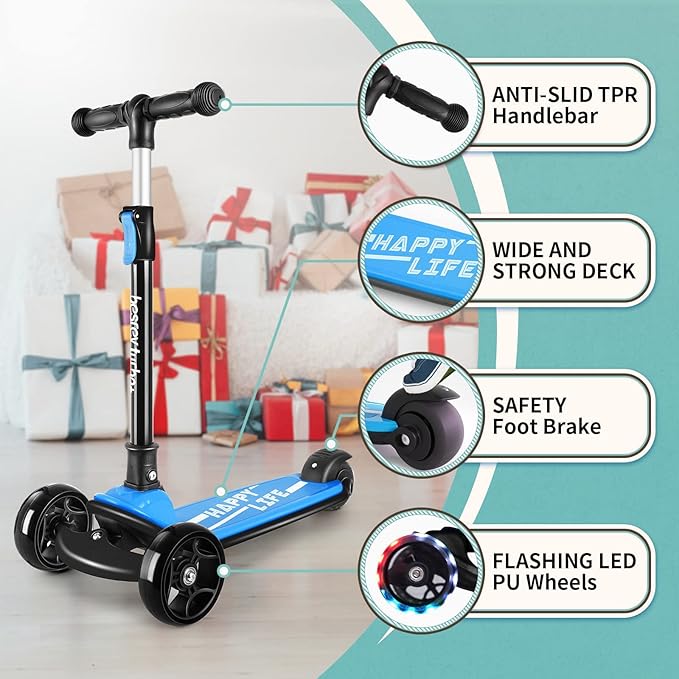 besrey Kids Scooter, Kick Scooters for Kids Age 3-8, 3 Wheel Scooter for Kids with LED Light Wheels, Toddler Scooter Foldable Extra Wide Deck Outdoor Activities for Boys/Girls