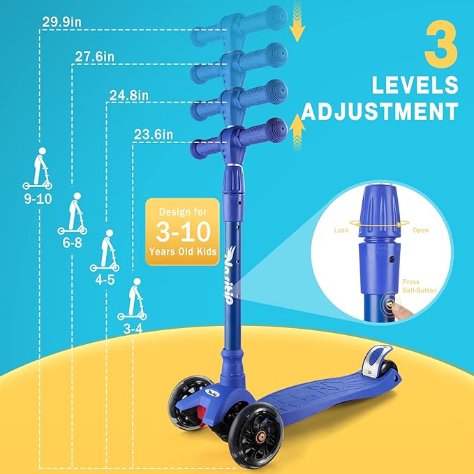 Scooters for Kids Age 3-5, Kick Scooter for Boys Girls Toddlers, 4 Adjustable Height, AEBC-9 Bearing, 3 Light Up Wheels, Lean to Steer, Outdoor Activities for Children from 3 to 12 Years Old