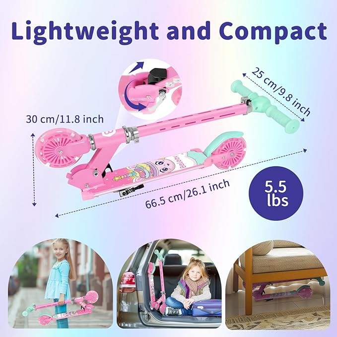 BELEEV V3 Scooter for Kids with Light-Up Wheels & Stem & Deck, 2 Wheel Folding Scooter for Girls Boys, 4 Adjustable Height, Lightweight Kick Scooter with Handy Kickstand for Children Ages 3-12
