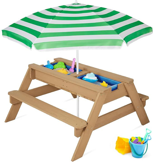 Best Choice Products Kids 3-in-1 Sand & Water Table, Wood Outdoor Convertible Picnic Table w/Umbrella, 2 Trays, Removable Top, 220lb Capacity Per Bench -Green