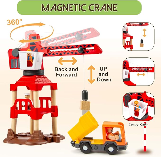 86pcs Wooden Train Set with Crane, Wooden Train Track Set Railway Kits Fits Thomas Brio IKEA Melissa and Doug, Christmas Train Toys for Kids & Toddlers 3-5 Years Old Boys and Girls