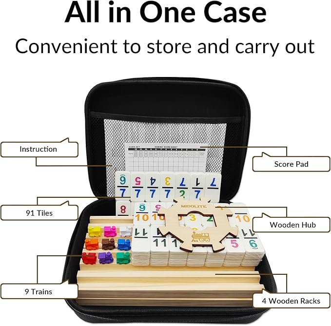 Mexican Train Dominoes Set with Numbers and 4 Wooden Racks, Double 12 Domino Travel Set with Wooden Hub, 91 Colored Domino Tiles Game Set with for Family Game Night