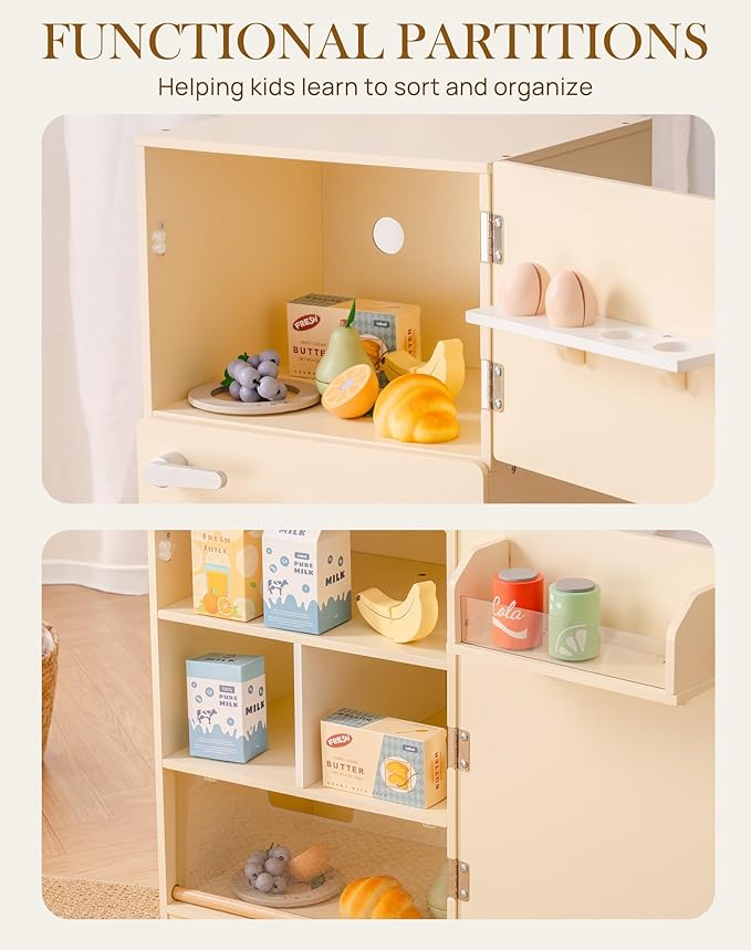 ROBOTIME Play Kitchen Toy Fridge - Wooden Toy Refrigerator with Accessories, Pretend Play Kitchen Set for Kids & Toddlers, Freezer with Play Food for Ages 3+ (Creamy Rustic Style)