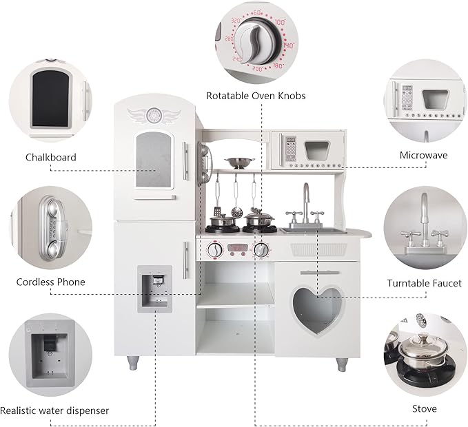 TaoHFE LED Upgrade Kitchen Set for Kids Wooden Play Kitchen LED Gas Tray with Sound Toy Kitchen Sets for Girls Gift Enjoy Cooking with Lights and Sounds White Kitchen for Toddlers Kids Kitchen Playset
