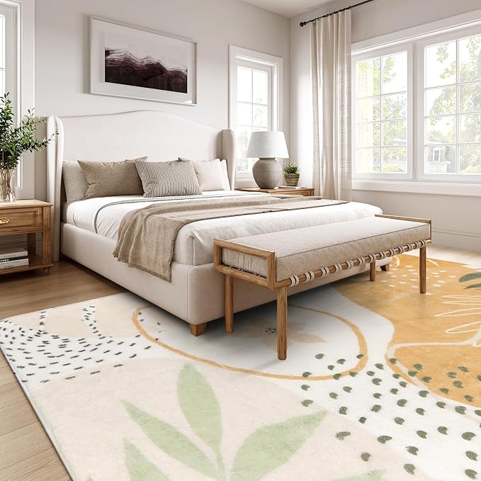 Lahome Boho Washable Rug 6x9 Living Room Carpet Non-Slip Ultra-Thin Large Rug Lightweight Throw Area Rug for Dining Room, Taupe Botanical Print Soft Indoor Rug for Classroom Nursery Bedroom Farmhouse