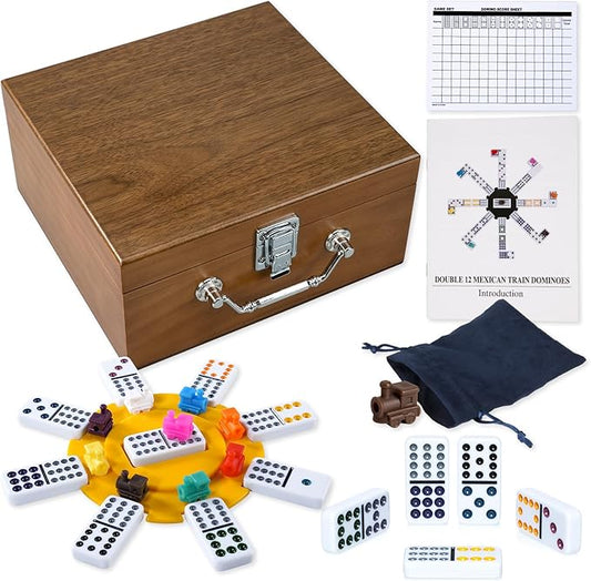 Mexican Dominoes Set in WoodenCase Double 12 Color Dotted Set with Acrylic Hub, 91 Color Dot Tiles, 9 Trains, Family Game for Adults (Color Dotted)