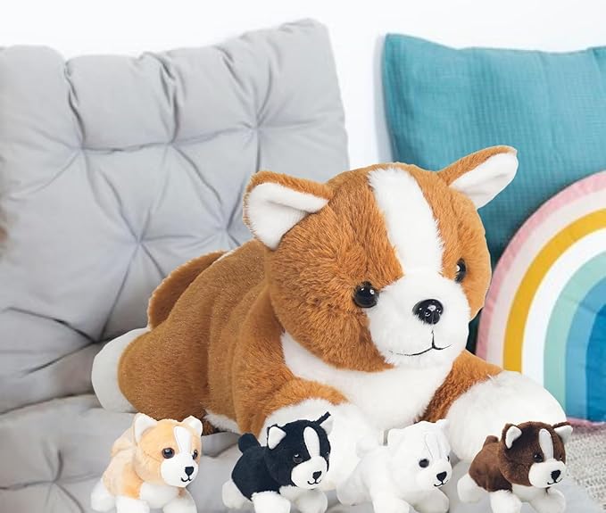 5 Pcs Corgi Stuffed Animal with 4 Babies Puppy Inside Big Mommy Dog Stuffed Animals in Zipper Belly Pouch, Cute Stuffed Corgi Plush Gifts for Kids Boys Girls Birthday Christmas Easter Stuffers Gifts