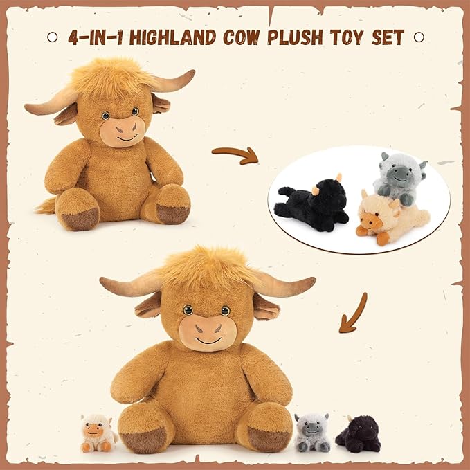 MorisMos Highland Cow Stuffed Animal Mommy with 3 Babies, 18" Scottish Cow Plush Toy Realistic Cattle Plushie Doll Home Farm Decor Gift for Kids Boys Girls