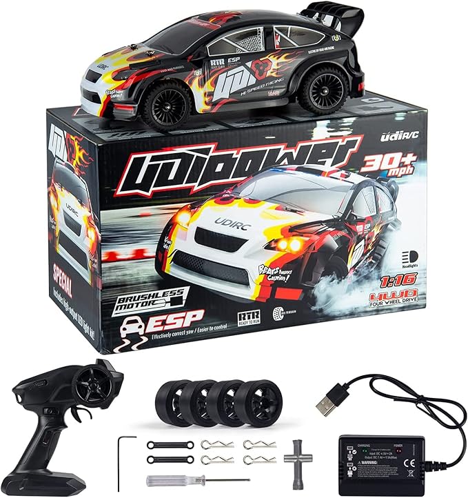 Remote Control Drifting Car 1/16 Scale, 30+MPH 4WD High Speed Drift RC Car, Speed & Steering Control Vehicle Toy with U2 Sets of Tires and Light for Kids 8-12 Years Old