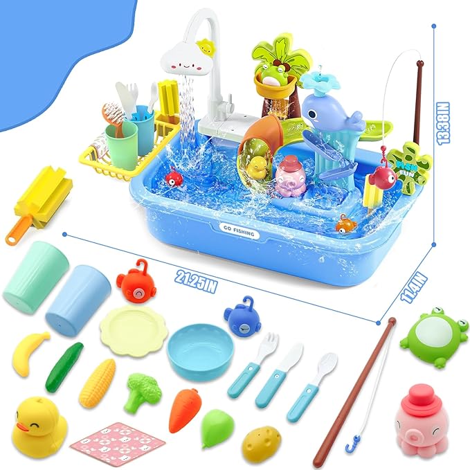 Kids Play Sink with Running Water & Electric Faucet, 4-in-1 Kitchen Sink Toy with Fishing Game, Pretend Play Kitchen Toy Accessories, Role Play Dishwasher Toys for Toddlers Boys Girls Blue