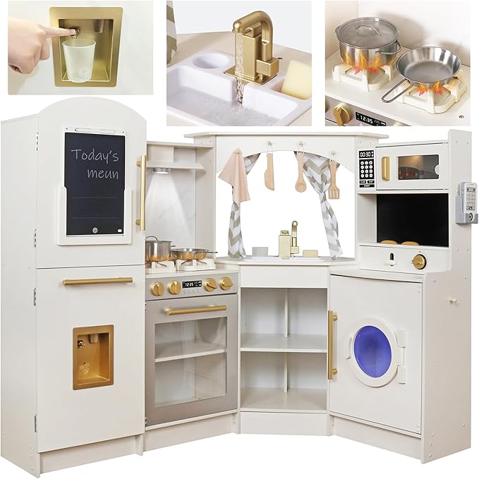 Large Wooden Corner Play Kitchen Sets with Ice Maker,Water Dispenser,Bread Maker,Washing Machine,Electronic Display,Toy Sink with Running Water,Stove with Light&Sounds, Birthday Gift for 3+Boys Girl