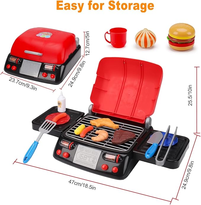 Kids Grill Playset Kitchen Toys with Apron Hat for Cooking Food Smoke Light Outdoor Pretend Play Accessories BBQ Outside Camping Barbecue Toddler Boy Toy 2 3 4 5 Year Old 4-8 Birthday Gift Valentine