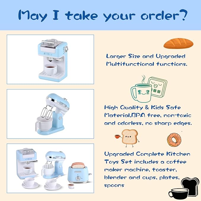 Pretend Play Kitchen Appliances Toy Set with Coffee Maker Machine, Mixer and Toaster, Play Kitchen Accessories with Sound & Light Birthday Gifts for Kids Age 3+ Boys and Girls