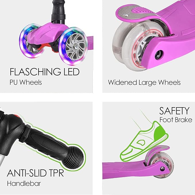 Kids Kick Scooter, 3 Wheeled Scooter for Kids, Child/Toddlers Toy, Adjustable Height, Anti-Slip Deck, Flashing Wheel Lights, for Boys/Girls 3-12 Year Old