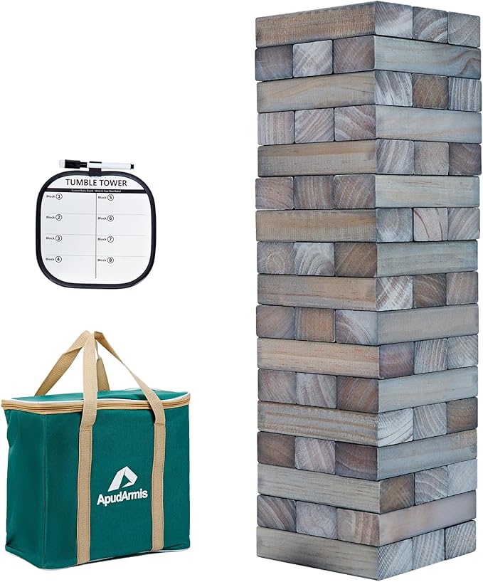 ApudArmis Giant Tumble Tower Stack to Over 5Ft, 60 PCS Pine Wooden Stacking Timber Game with 1 Dice Set - Classic Block Giant Outdoor Game (7.48 * 2.48 * 1.5 in Each Block, Gray)