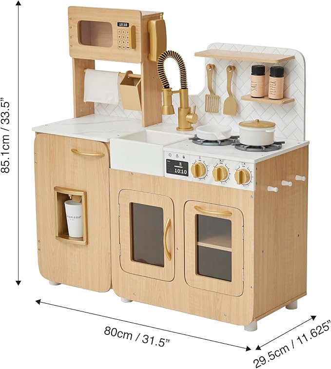 Teamson Kids Little Chef Cyprus Wooden Play Kitchen Set – Pretend Toy Kitchen for Toddlers & Kids Ages 3+ with Ice Maker, Storage & Accessories – Play Kitchen for Kids, Light Oak & White Faux Marble