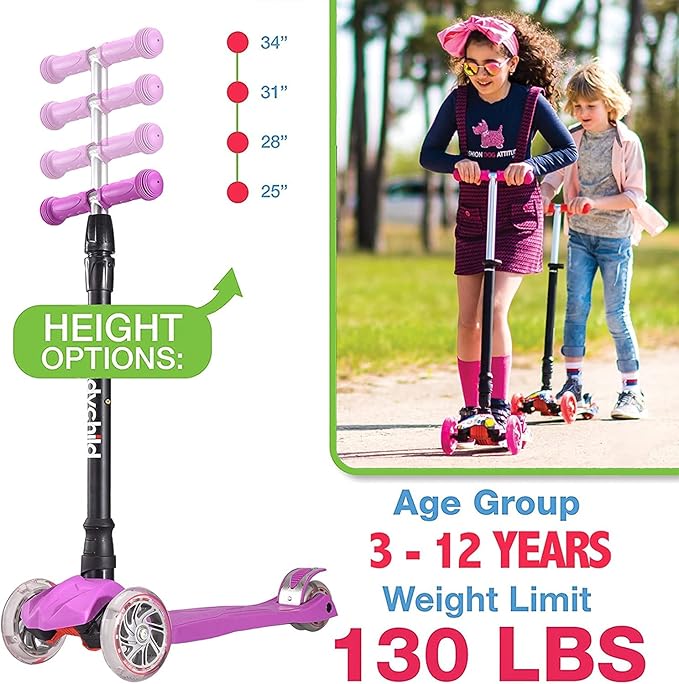 Kids Kick Scooter, 3 Wheeled Scooter for Kids, Child/Toddlers Toy, Adjustable Height, Anti-Slip Deck, Flashing Wheel Lights, for Boys/Girls 3-12 Year Old
