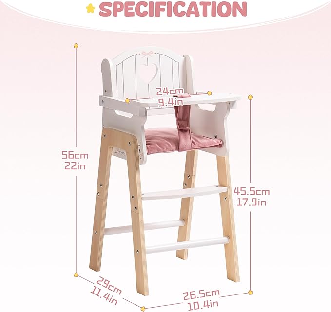 ROBOTIME Wooden Baby Doll High Chair, Pink Wooden Baby Doll Chair for 18 Inch Dolls, Pretend Play High Chair Baby Doll Accessories, Small