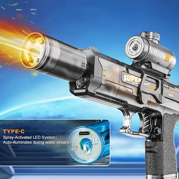 Electric Water Gun for Adults Kids, Automatic Squirt Watergun Pistol with Led Lights, Summer Outdoor Pool Beach Party Toys, Black