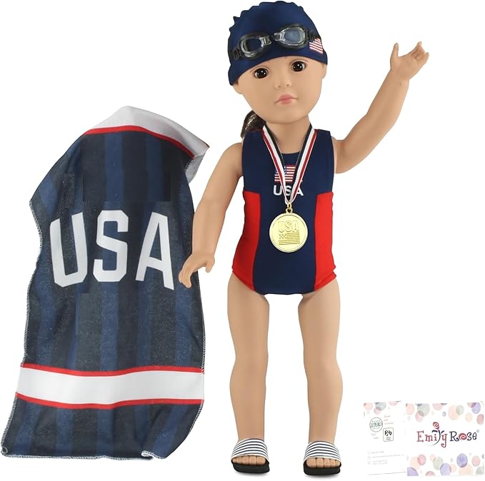 Emily Rose 18-Inch Doll Clothes 6-Piece USA Competition Bathing Suit Swimsuit and Accessories, Including Medal & Goggles | Gift Boxed! | Compatible with 18" American Girl Dolls | Doll Not Included
