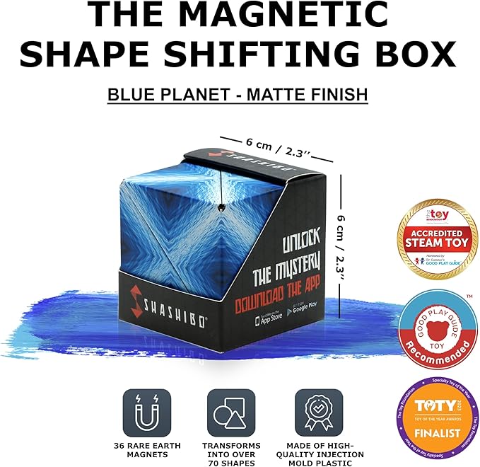 SHASHIBO Shape Shifting Box - STEM Magnetic Fidget Cube That Transforms Into Over 70 Shapes, Download Fun in Motion Toys Mobile App (Blue Planet)